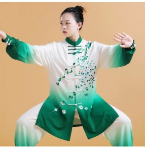 Tai Chi Clothing chinese kungfu uniforms women's green gradient print martial arts wushu changquan performance competition costume training suit for unisex